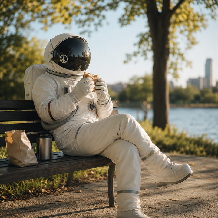Spaceman on bench eating a sandwich for Hello Haven